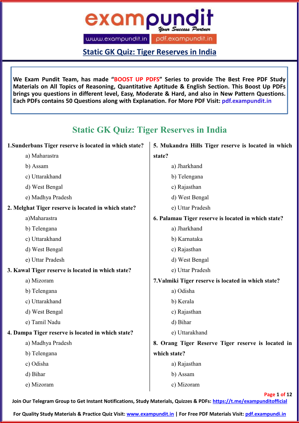 Static GK Quiz: Tiger Reserves in India