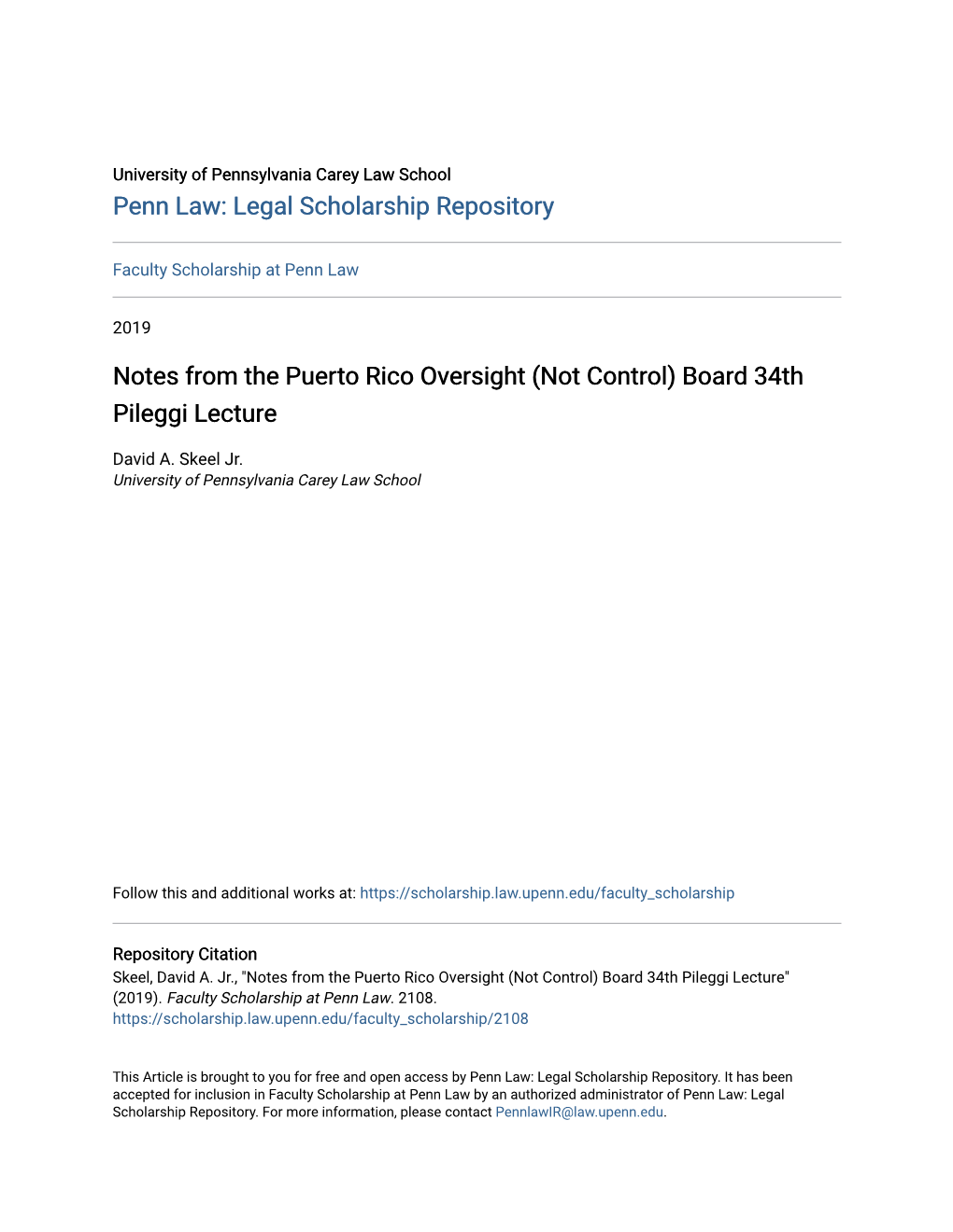 Notes from the Puerto Rico Oversight (Not Control) Board 34Th Pileggi Lecture
