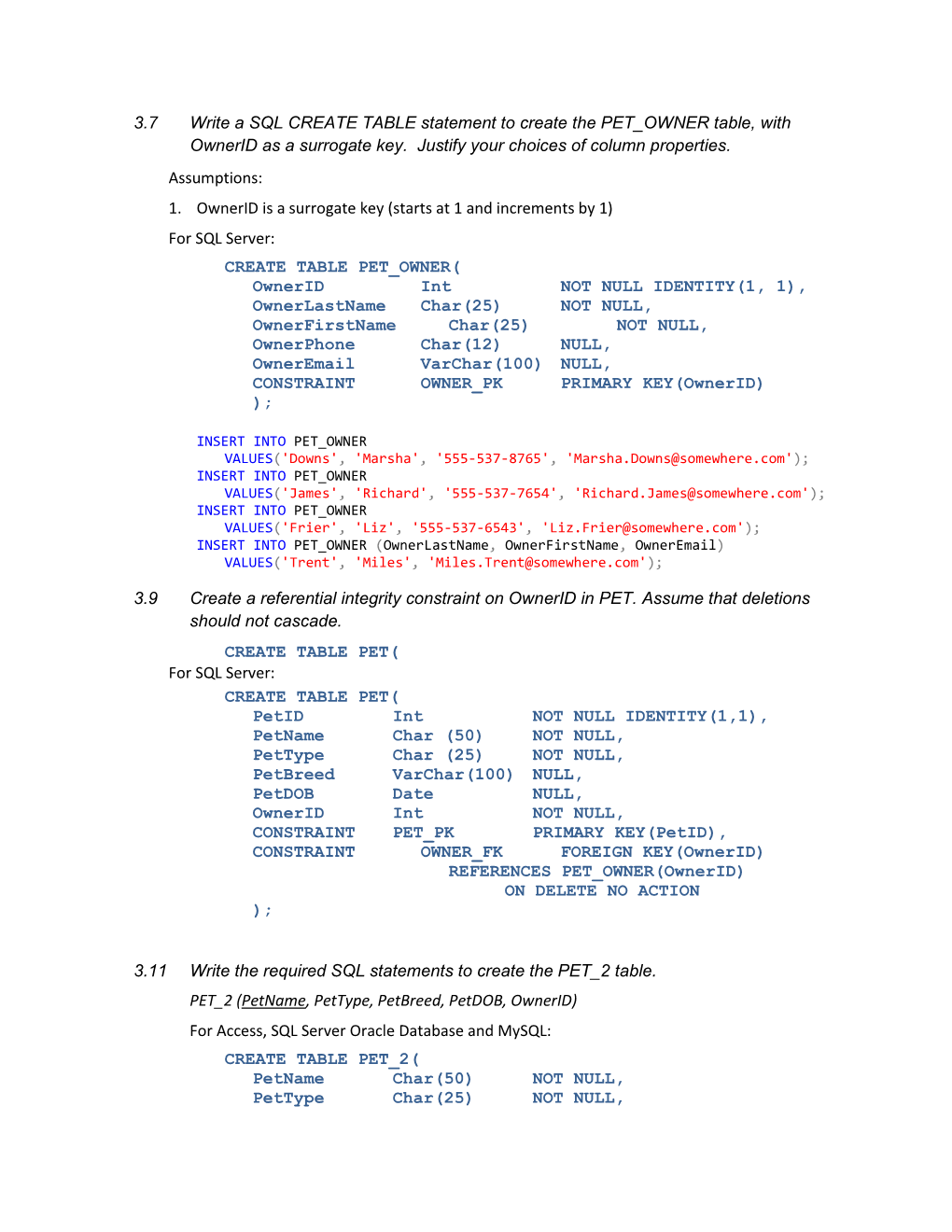 3.7 Write a SQL CREATE TABLE Statement to Create the PET OWNER Table, with Ownerid As a Surrogate Key. Justify Your Choices of Column Properties