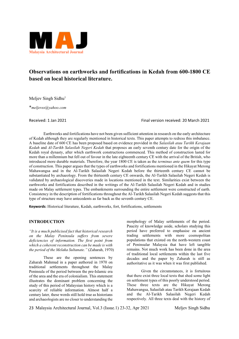 Observations on Earthworks and Fortifications in Kedah from 600-1800 CE Based on Local Historical Literature