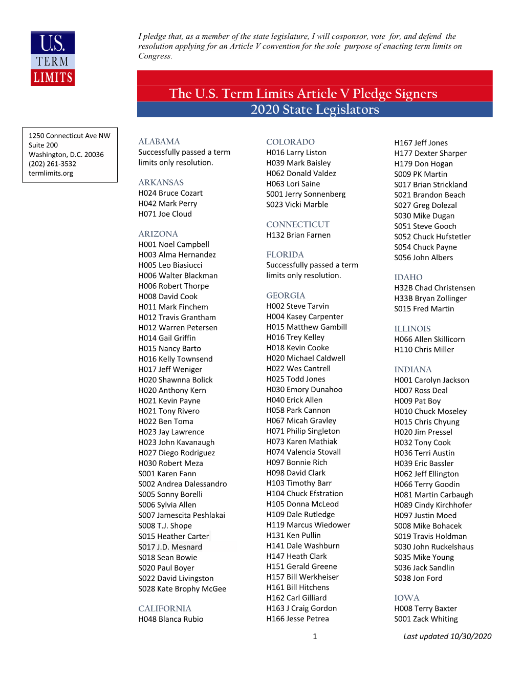 State Legislator Pledge Signers