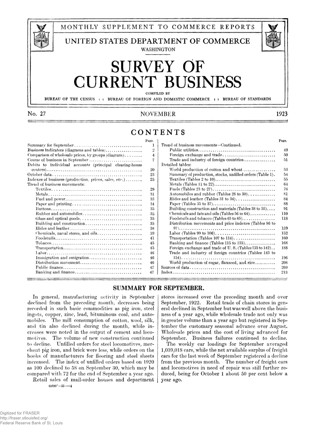 Survey of Current Business November 1923