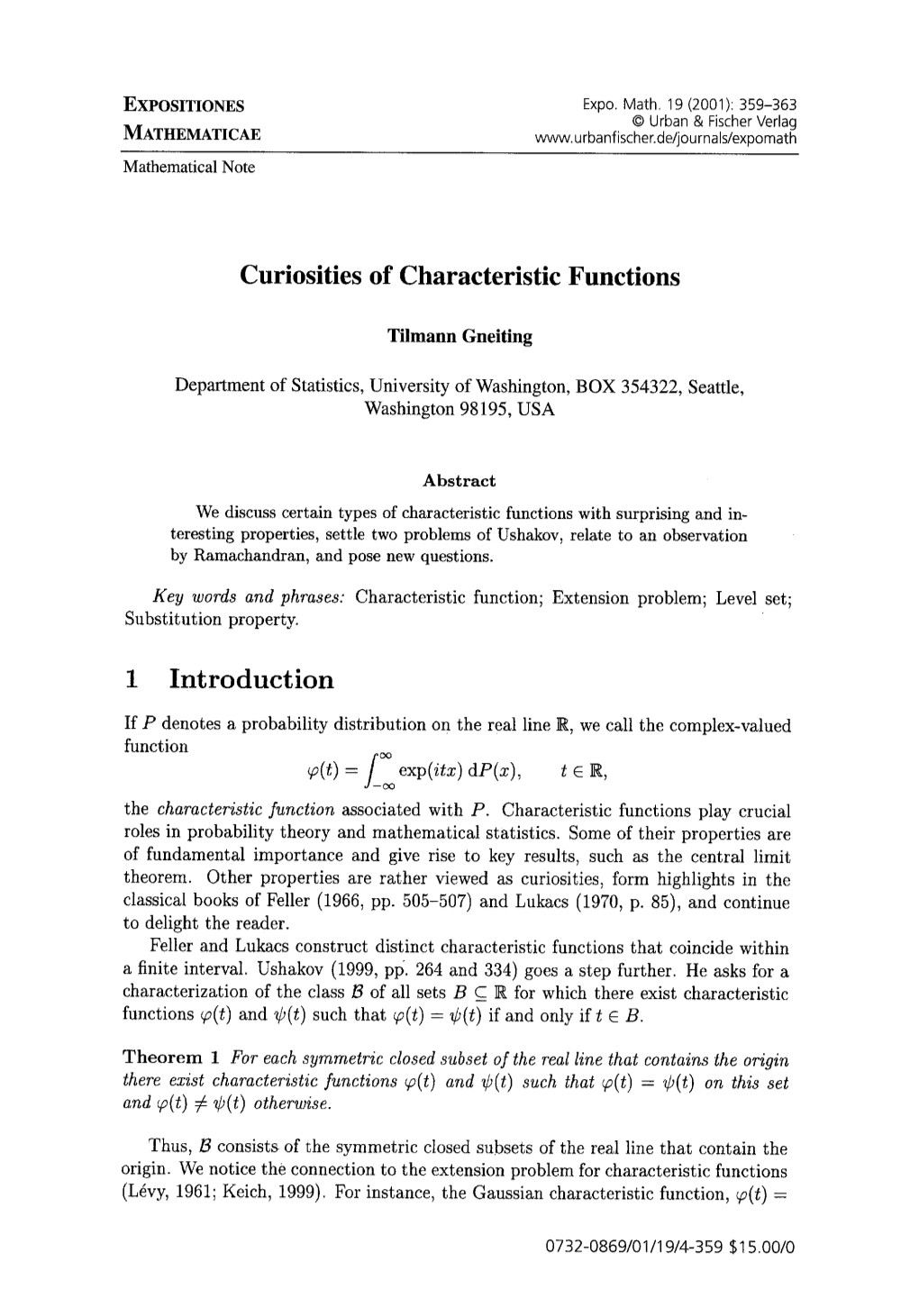 Curiosities of Characteristic Functions 1 Introduction