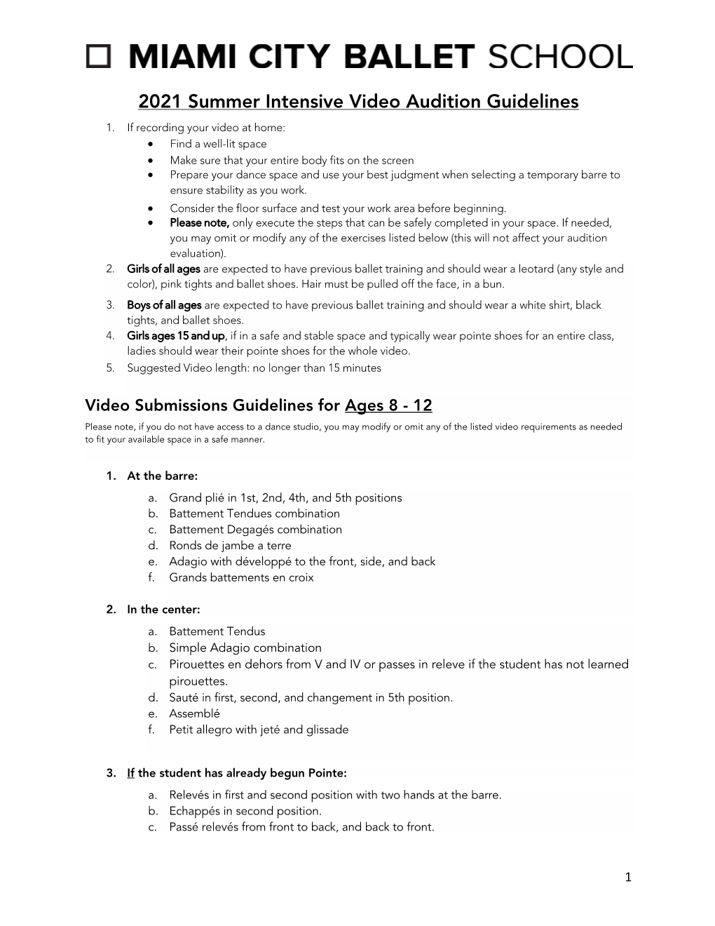 2021 Summer Intensive Video Audition Guidelines 1