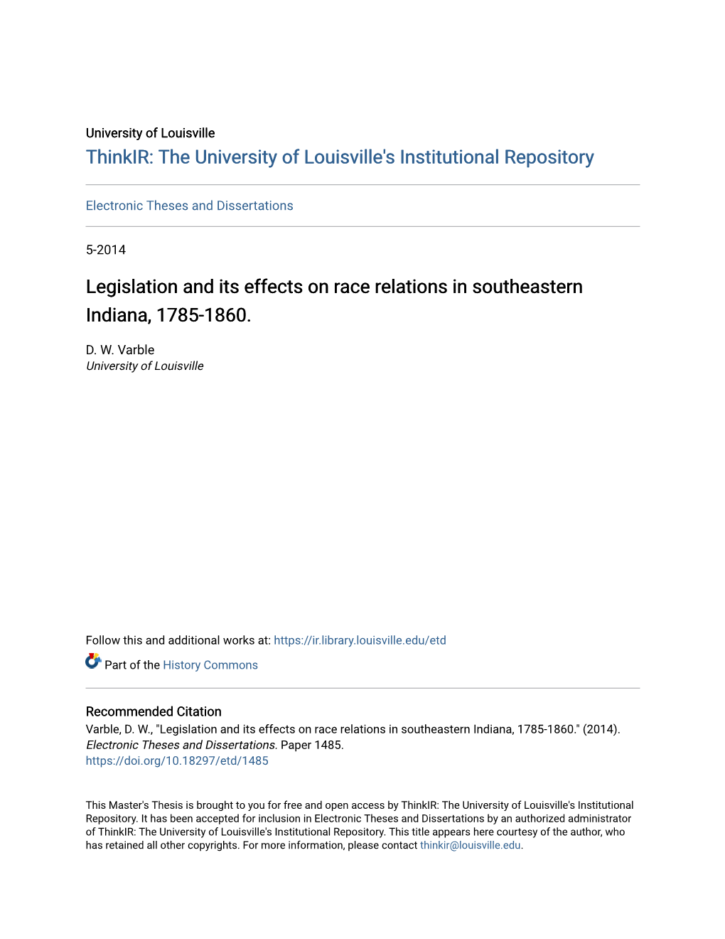 Legislation and Its Effects on Race Relations in Southeastern Indiana, 1785-1860