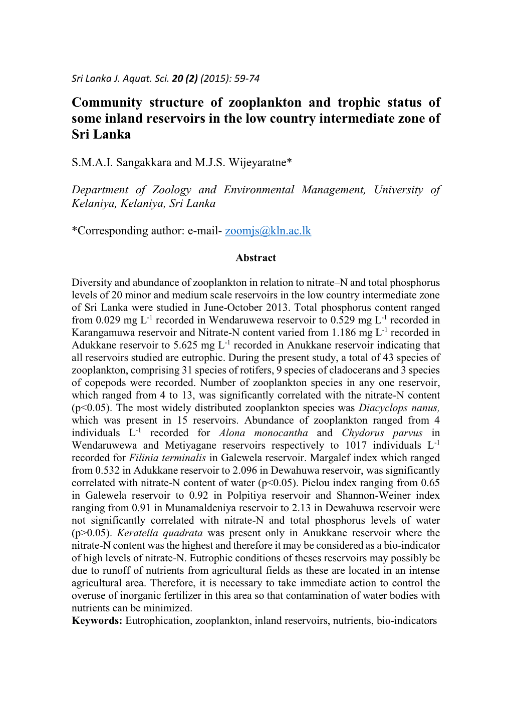 Community Structure of Zooplankton and Trophic Status of Some Inland Reservoirs in the Low Country Intermediate Zone of Sri Lanka