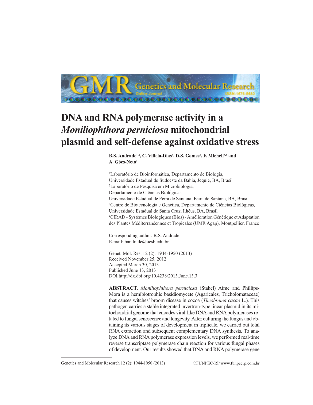 DNA and RNA Polymerase Activity in a Moniliophthora Perniciosa Mitochondrial Plasmid and Self-Defense Against Oxidative Stress