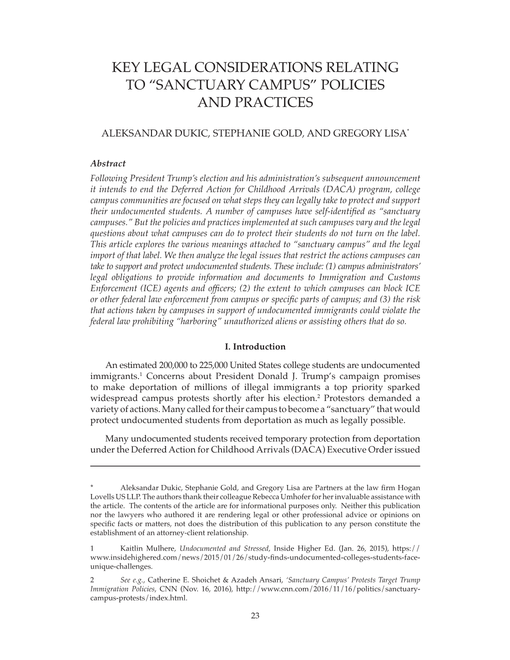 Key Legal Considerations Relating to “Sanctuary Campus” Policies and Practices