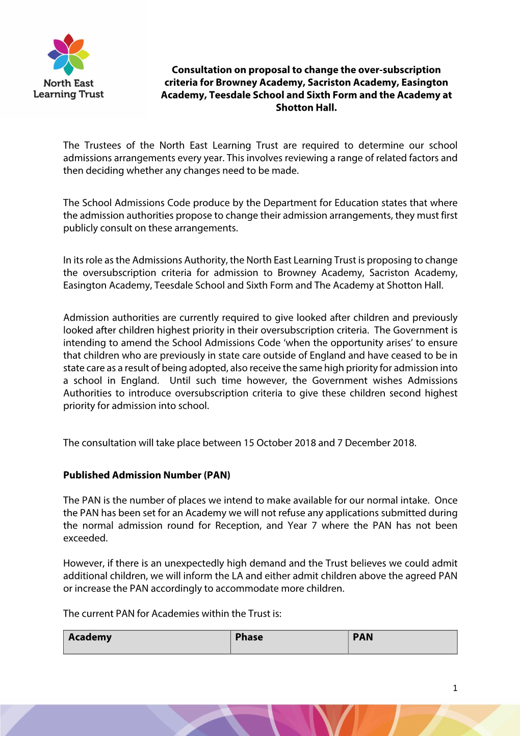 Consultation on Proposal to Change the Over-Subscription Criteria for Browney Academy, Sacriston Academy, Easington Academy