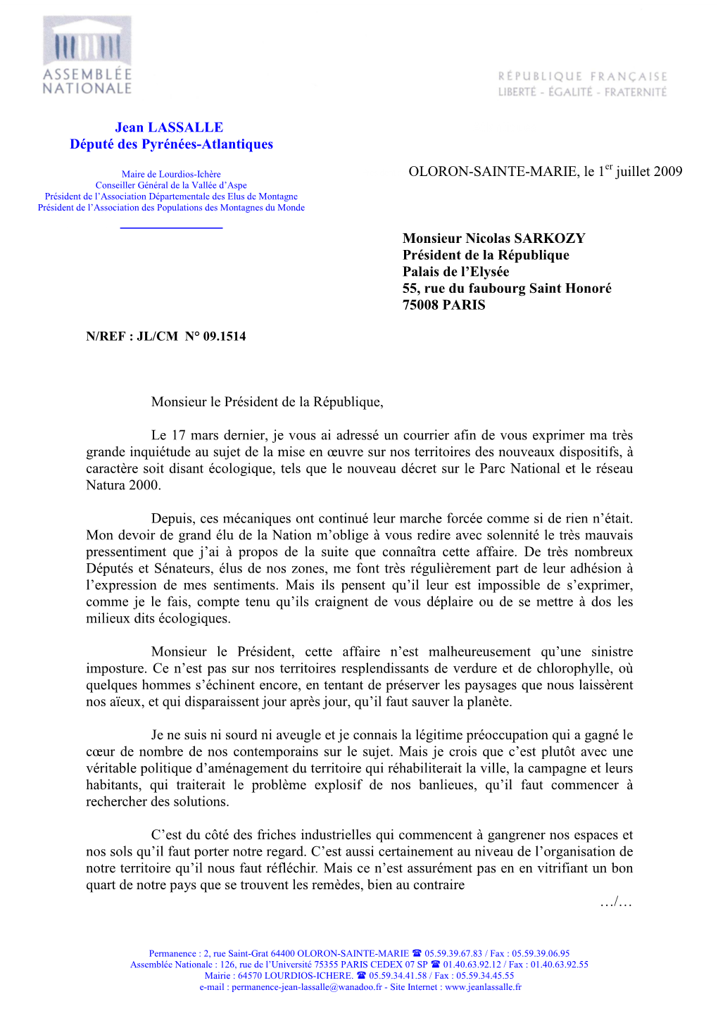Lettre De Jean Lassalle Au Président De La République Nicolas Sarkozy