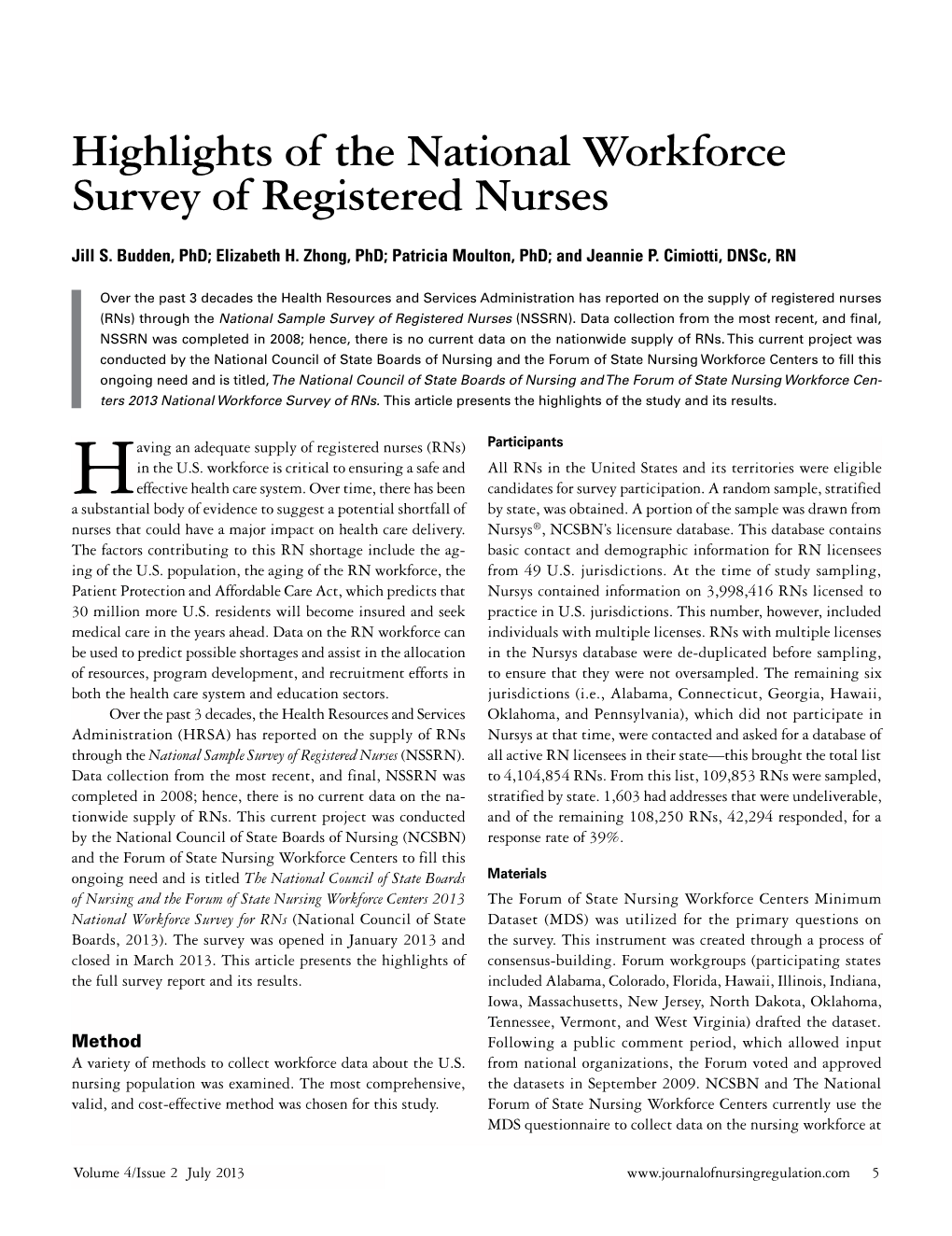 Highlights of the National Workforce Survey of Registered Nurses