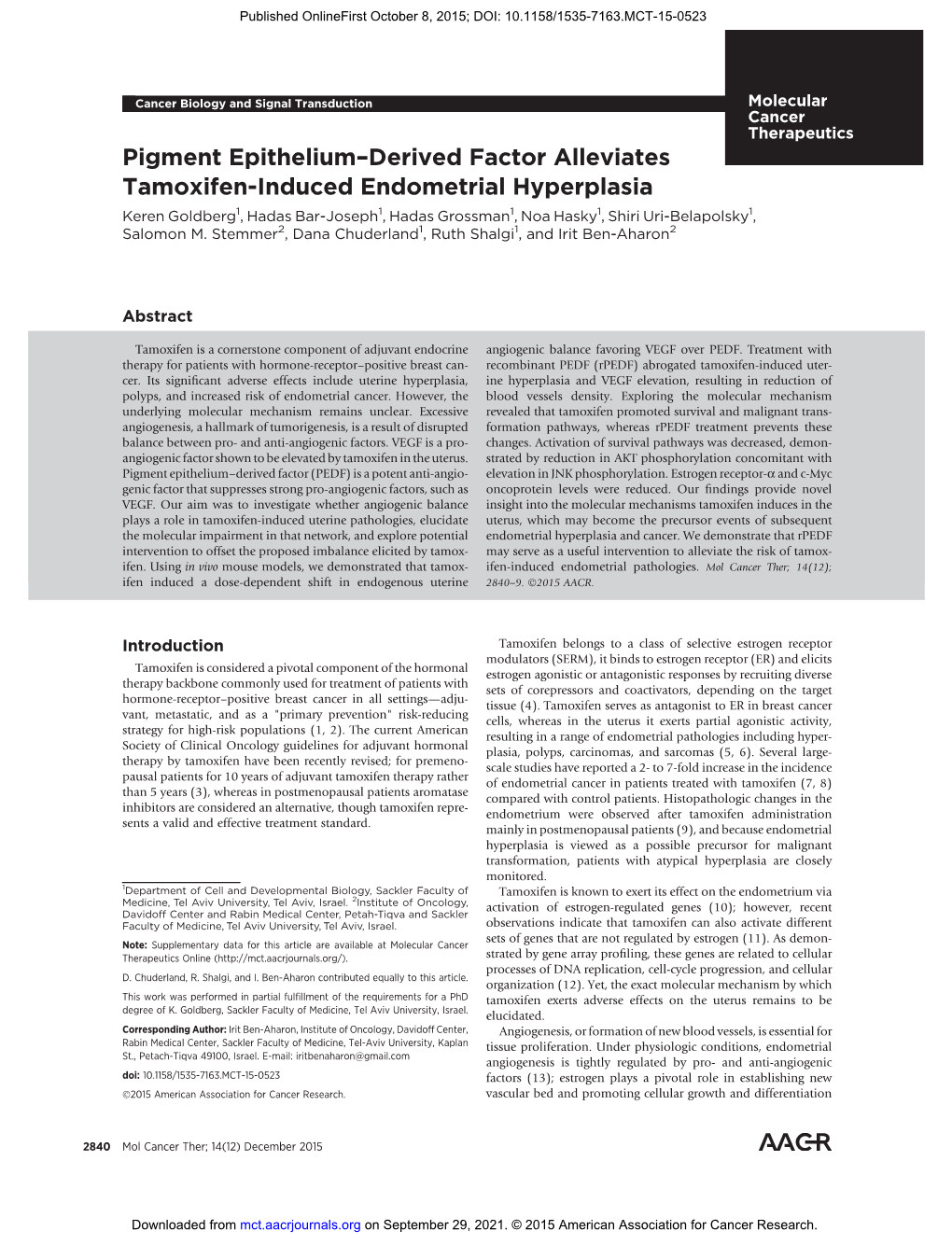 Pigment Epithelium–Derived Factor Alleviates Tamoxifen-Induced Endometrial Hyperplasia