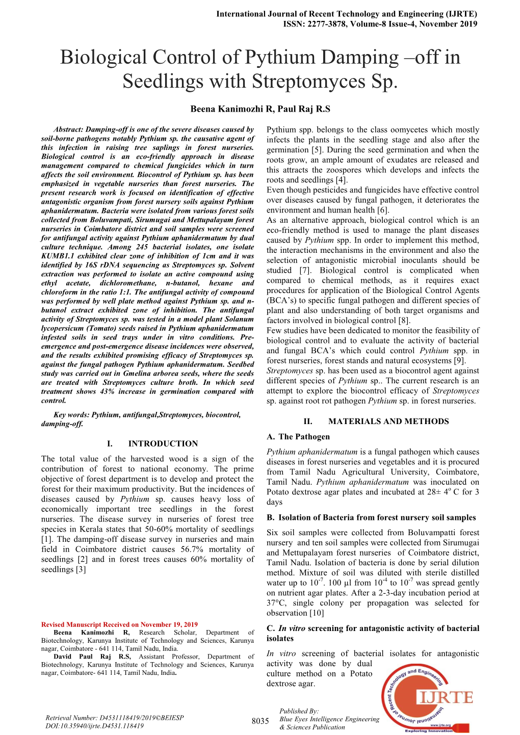 Biological Control of Pythium Damping –Off in Seedlings with Streptomyces Sp