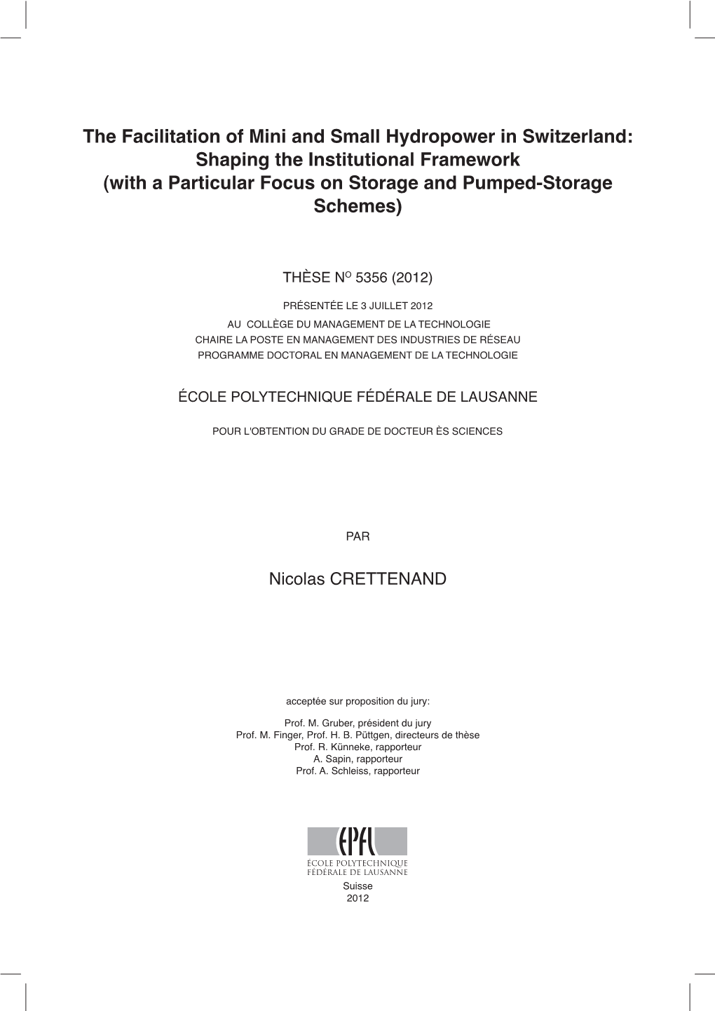 The Facilitation of Mini and Small Hydropower in Switzerland: Shaping the Institutional Framework (With a Particular Focus on Storage and Pumped-Storage Schemes)