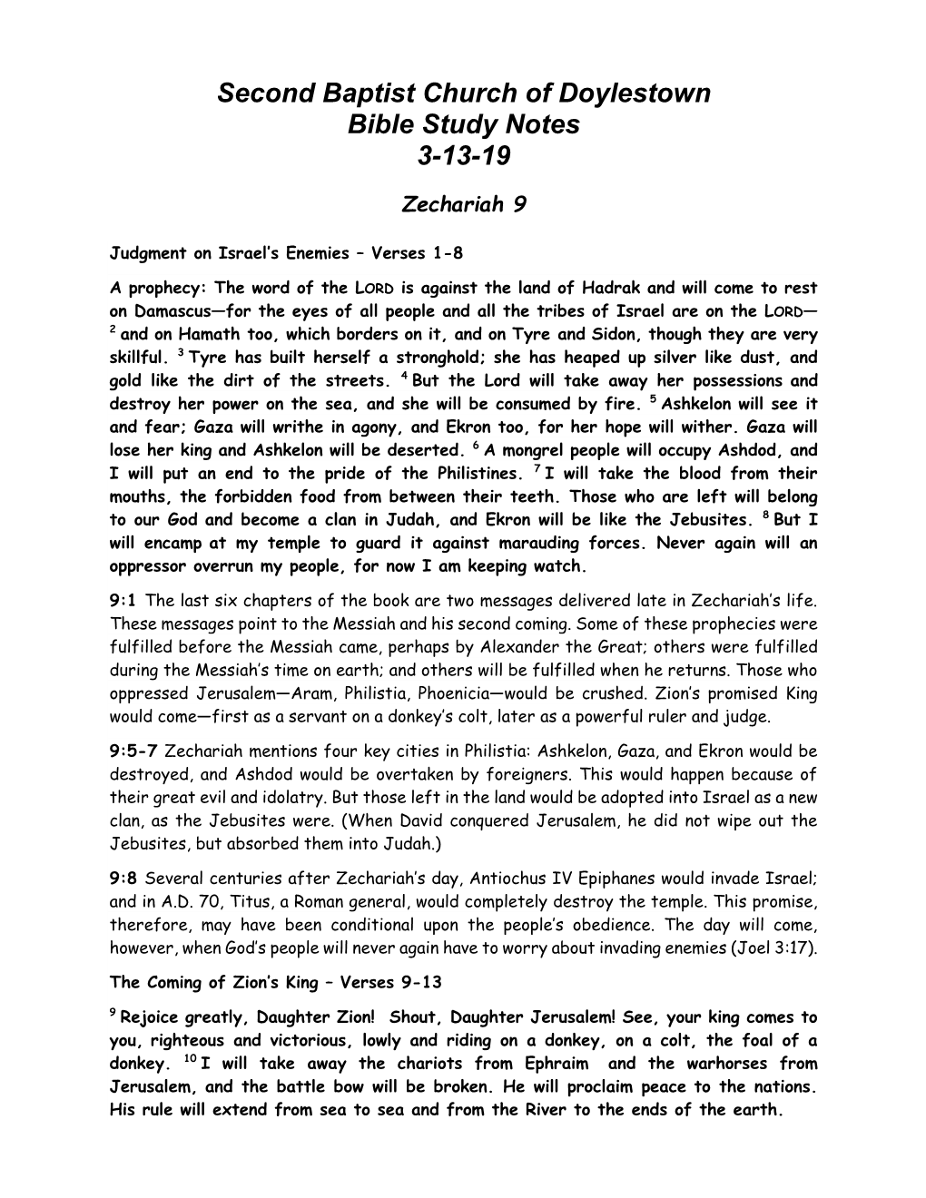 Second Baptist Church of Doylestown Bible Study Notes 3-13-19