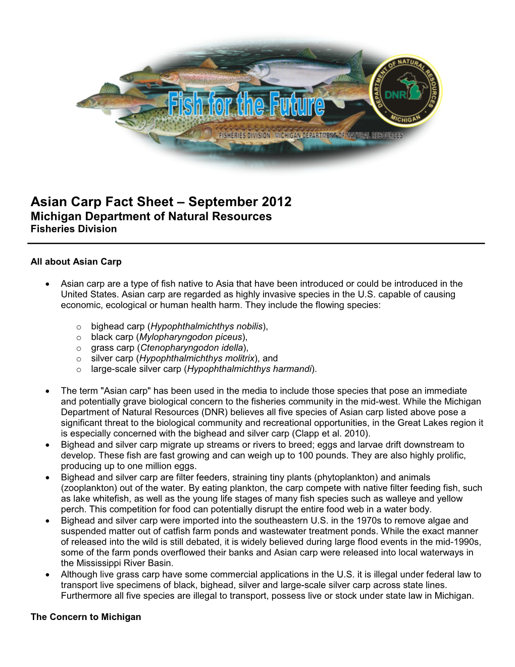 Asian Carp Fact Sheet – September 2012 Michigan Department of Natural Resources Fisheries Division