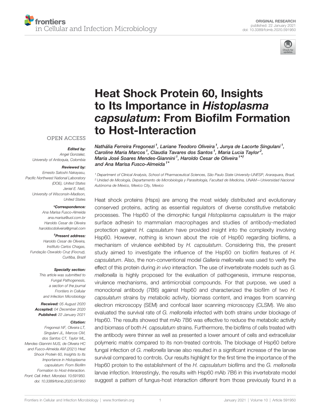 Heat Shock Protein 60, Insights to Its Importance in Histoplasma Capsulatum: from Bioﬁlm Formation to Host-Interaction