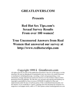 GREATLOVERS.COM Presents Red Hot Sex Tips.Com's Sexual Survey