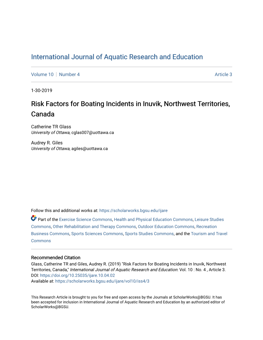 Risk Factors for Boating Incidents in Inuvik, Northwest Territories, Canada
