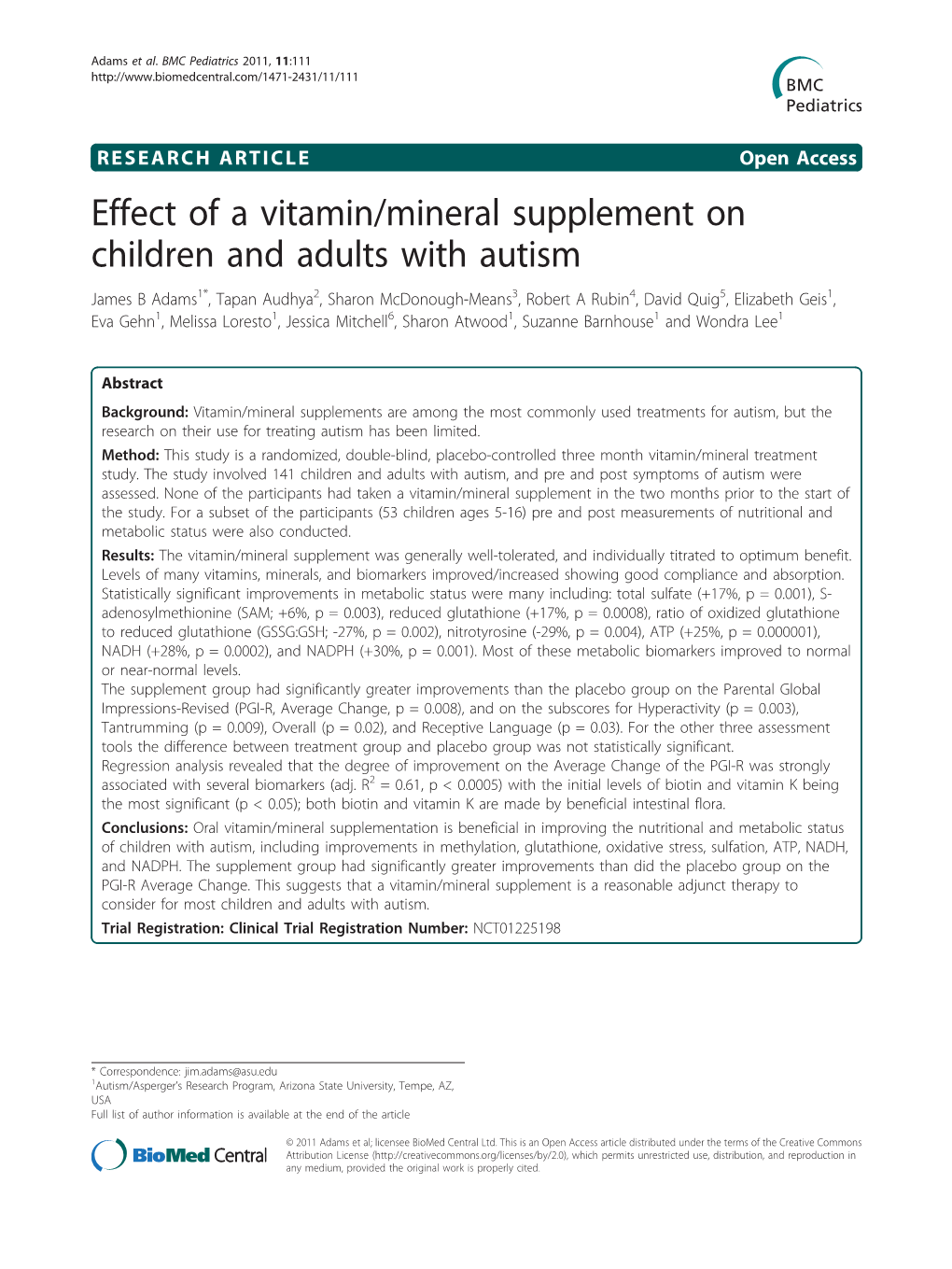 Effect of a Vitamin/Mineral Supplement on Children and Adults with Autism