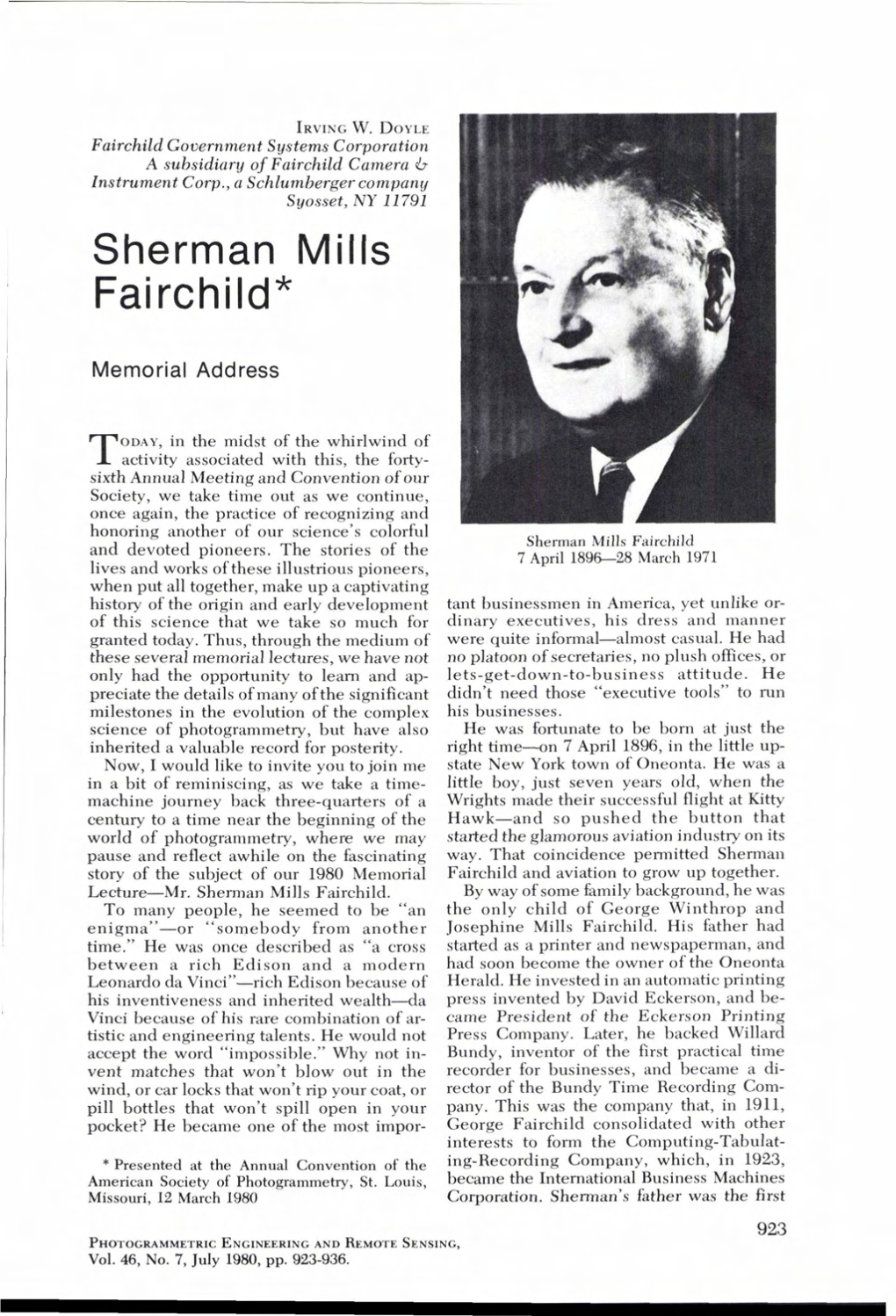 Sherman Mills Fairchild Memorial Address