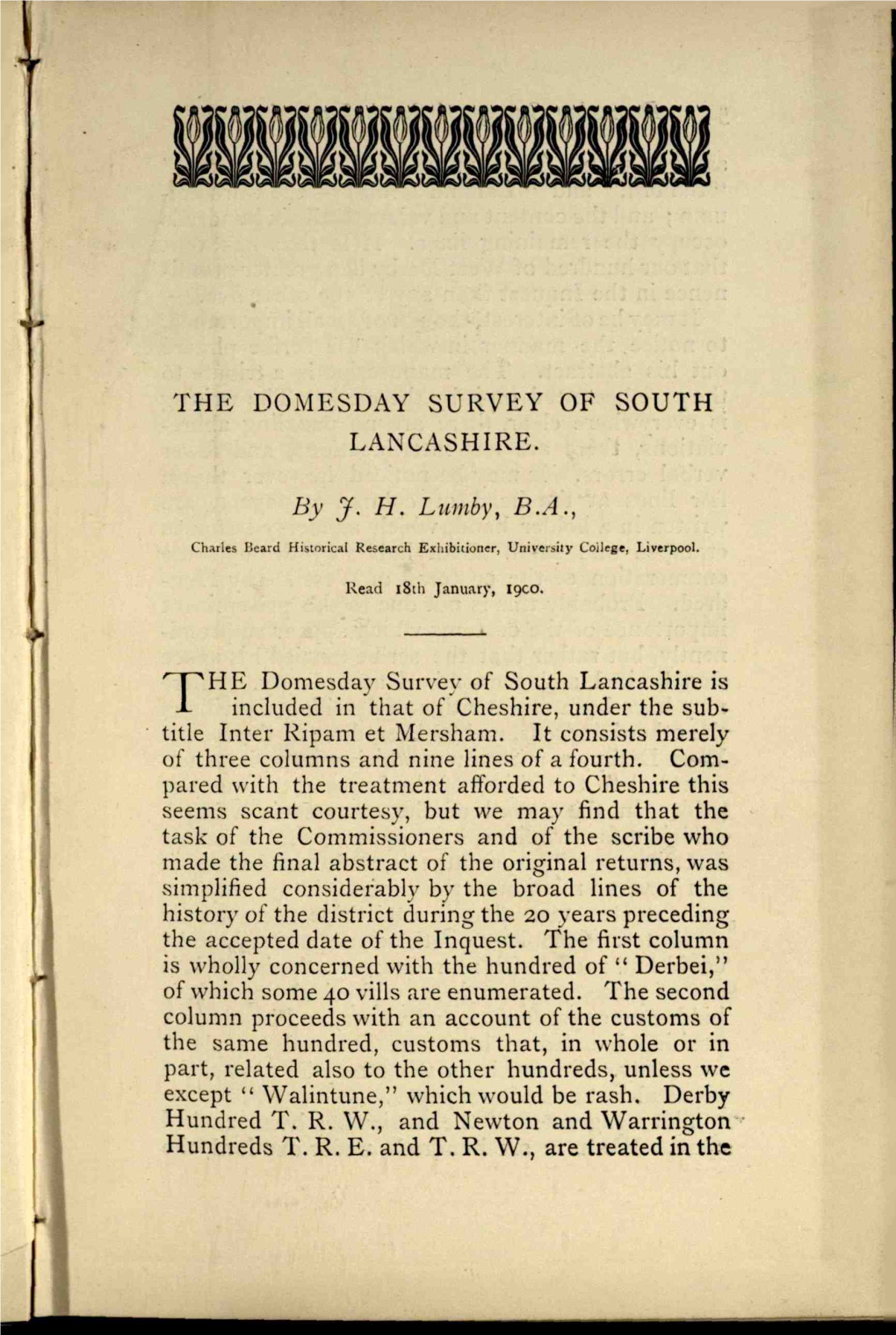 The Domesday Survey of South Lancashire