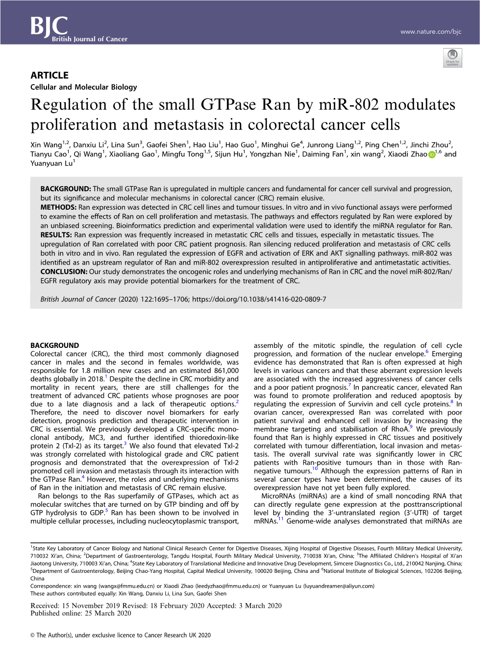 Regulation of the Small Gtpase Ran by Mir-802 Modulates Proliferation and Metastasis in Colorectal Cancer Cells