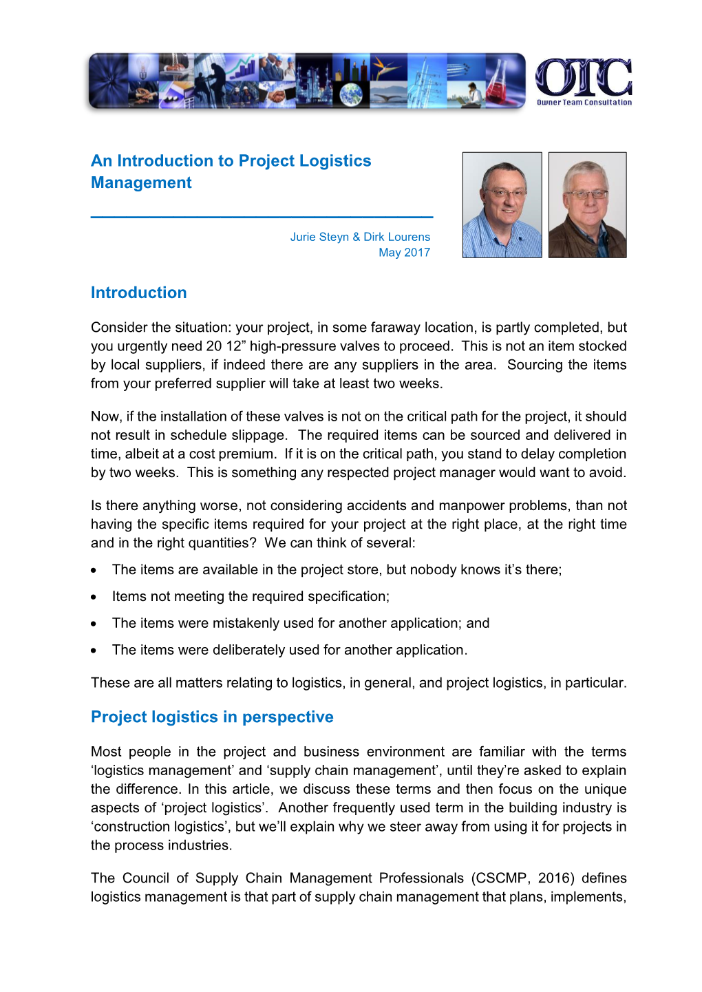 An Introduction to Project Logistics Management Introduction Project