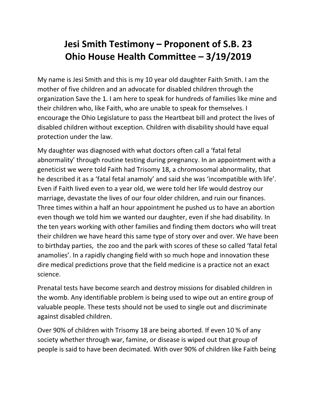 Jesi Smith Testimony – Proponent of S.B. 23 Ohio House Health Committee – 3/19/2019