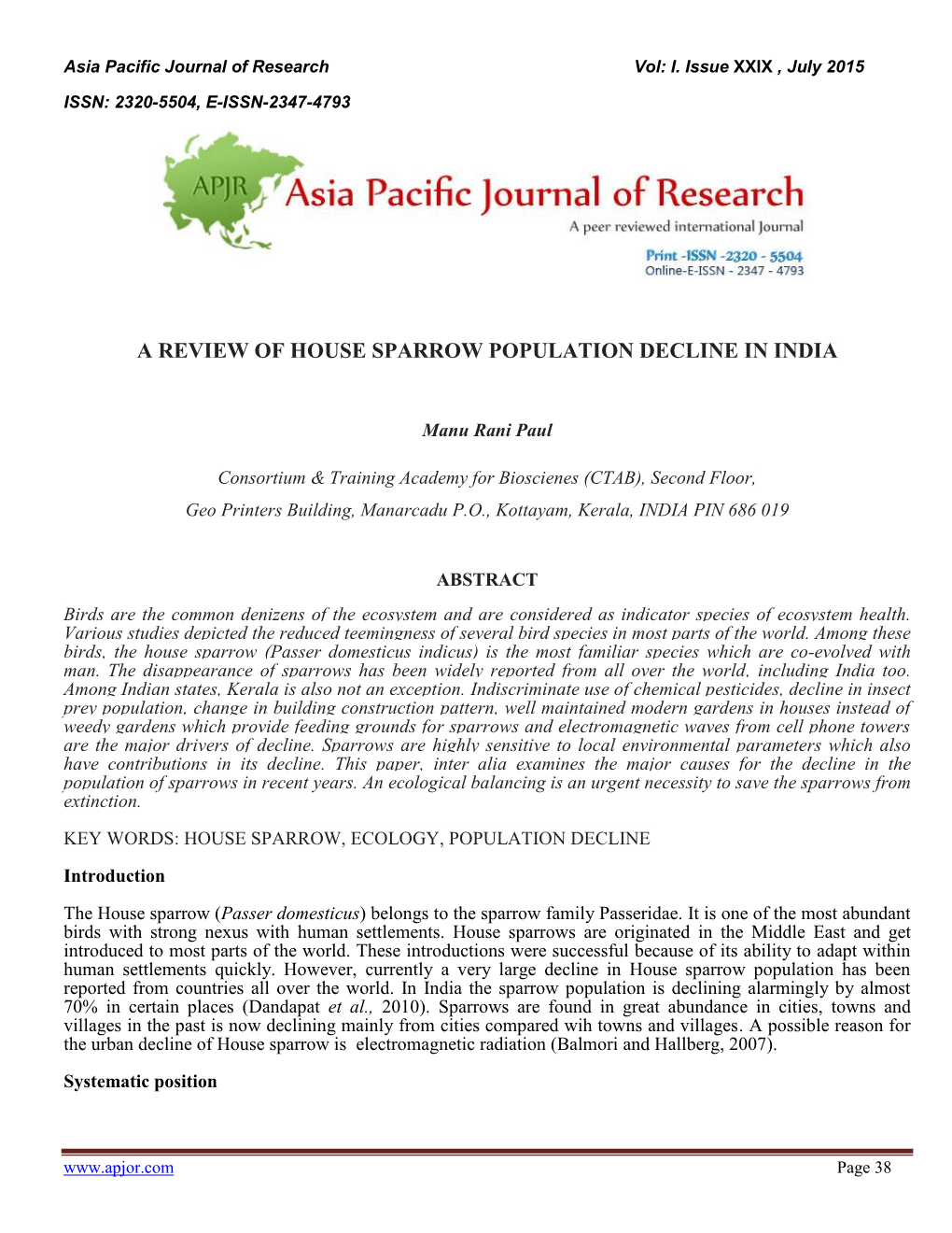 A Review of House Sparrow Population Decline in India