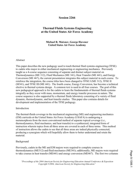 Thermal Fluids Systems Engineering at the United States Air Force Academy