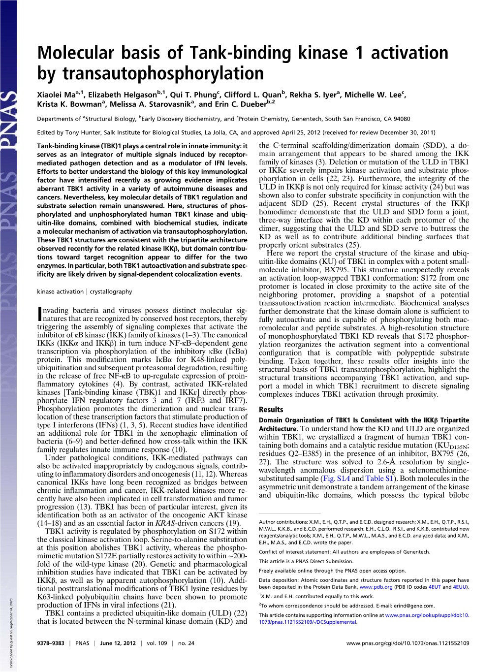 Molecular Basis of Tank-Binding Kinase 1 Activation by Transautophosphorylation