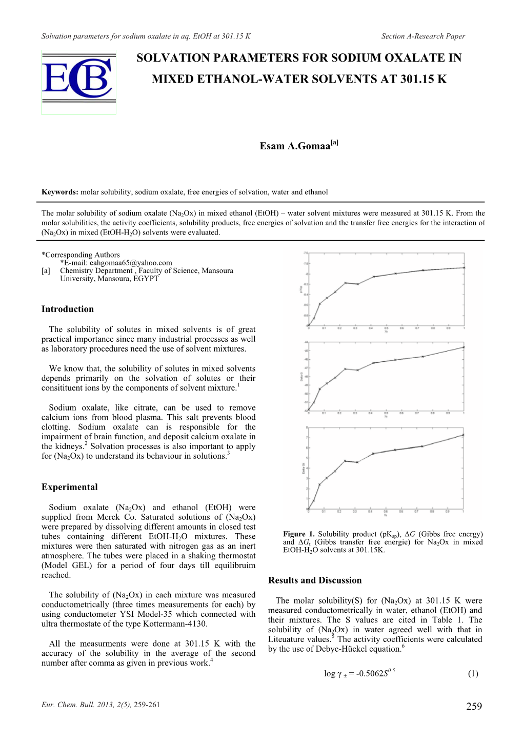 Solvation Parameters for Sodium Oxalate in Mixed Ethanol-Water Solvents at 301.15 K