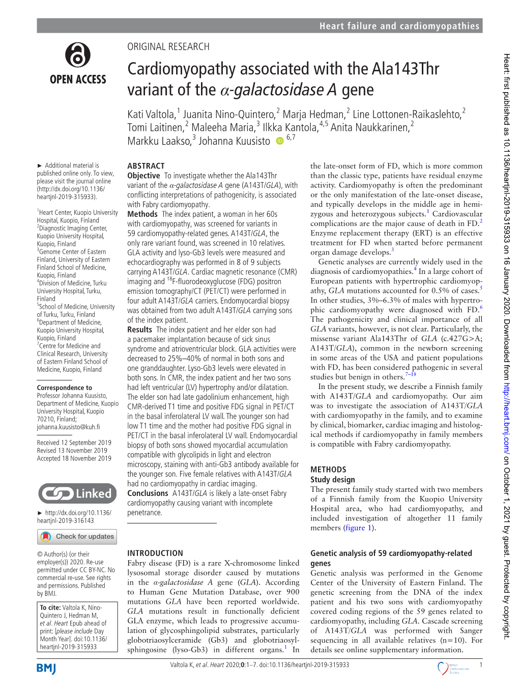 Cardiomyopathy Associated with the Ala143thr Variant of the Α