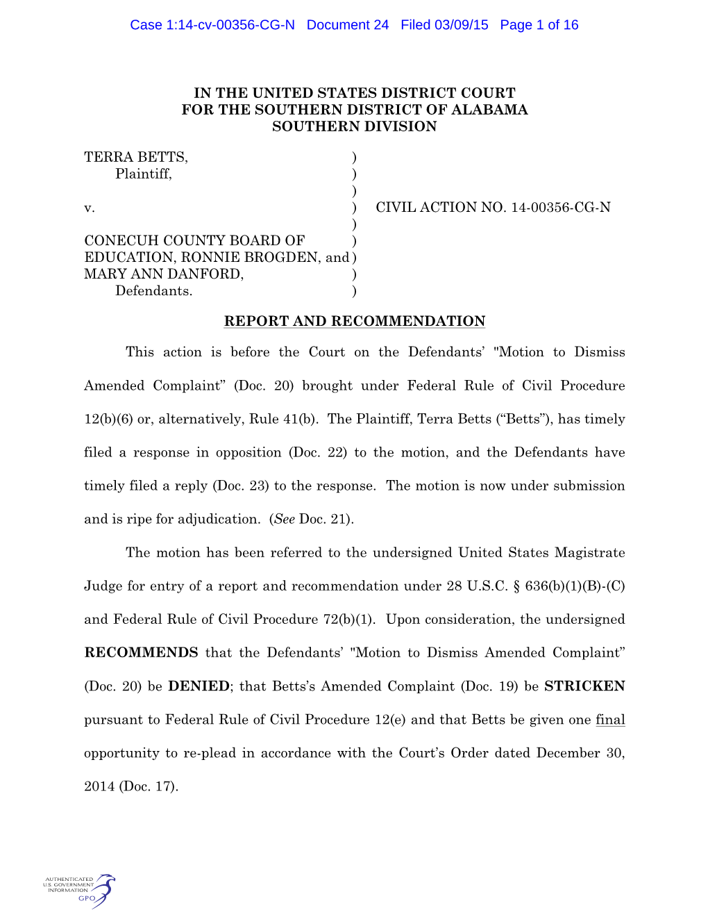 14-356 R&R on Motion to Dismiss Amended Complaint