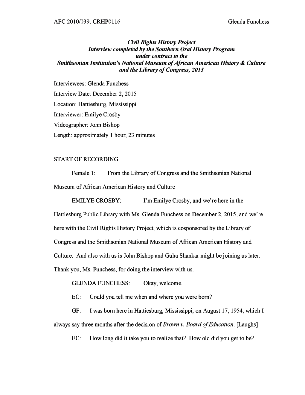 AFC 2010/039: CRHP0116 Glenda Funchess Civil Rights History