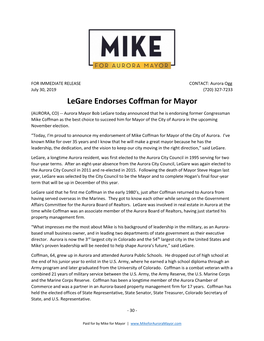 Legare Endorses Coffman for Mayor