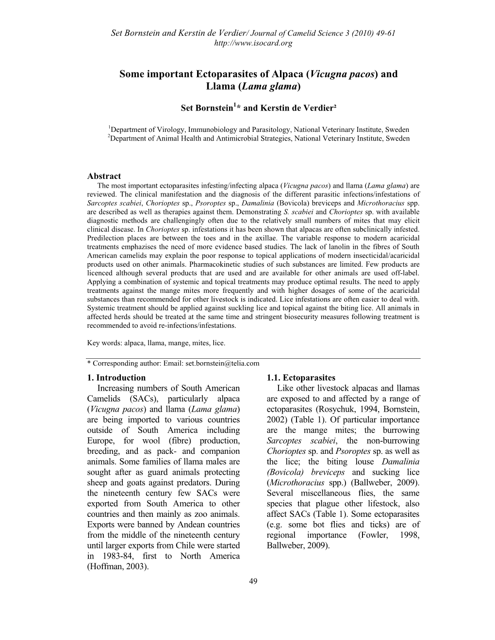 Some Important Ectoparasites of Alpaca (Vicugna Pacos) and Llama (Lama Glama)