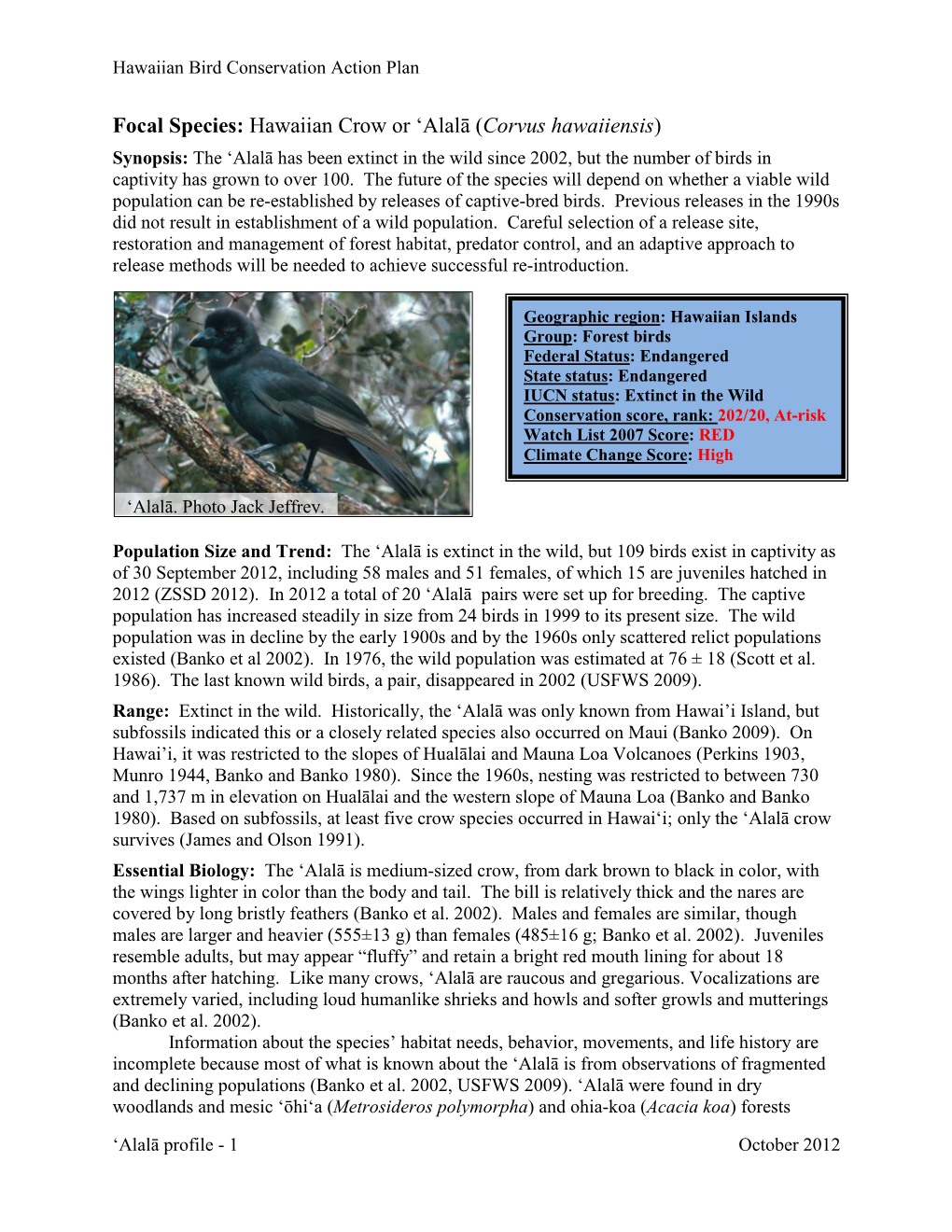 Focal Species: Hawaiian Crow Or 'Alalā (Corvus Hawaiiensis)