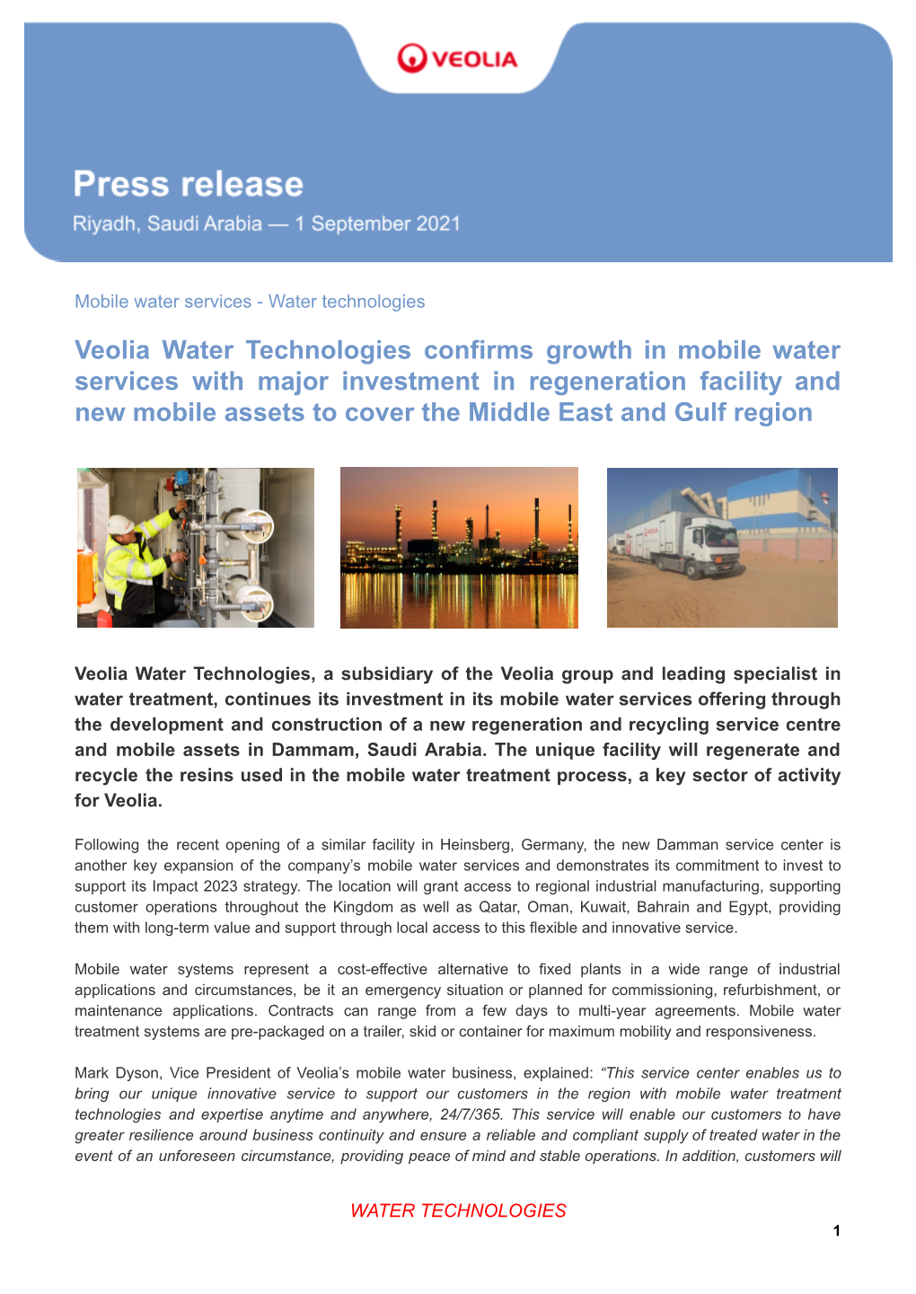 2021-09-01 Veolia Confirms Growth in Mobile Water Services with Major