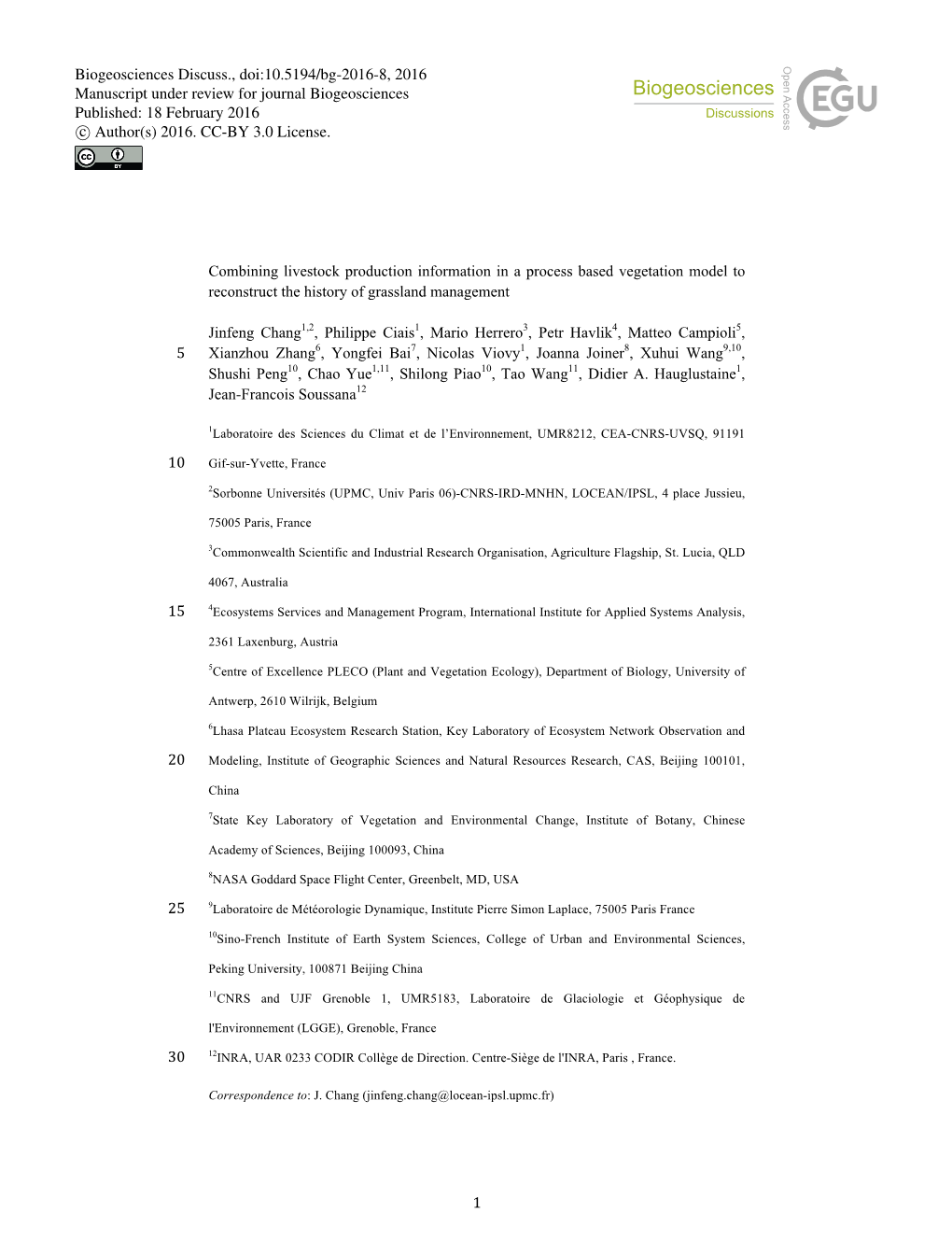 1 Combining Livestock Production Information in a Process Based Vegetation Model to Reconstruct the History of Grassland Manage