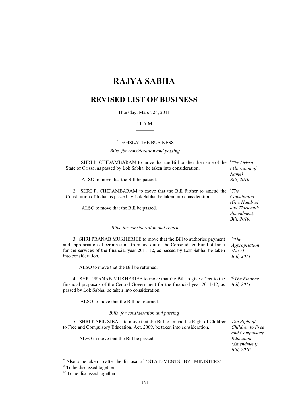 Rajya Sabha —— Revised List of Business