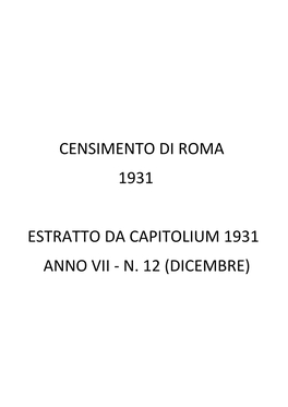 Censimento Di Roma 1931 Estratto Da Capitolium 1931 Anno