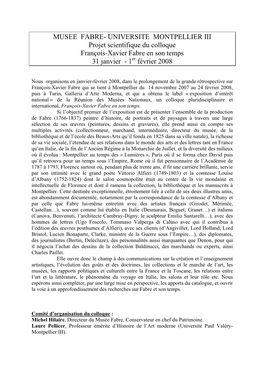 MUSEE FABRE- UNIVERSITE MONTPELLIER III Projet Scientifique Du Colloque François-Xavier Fabre En Son Temps 31 Janvier - 1Er Février 2008