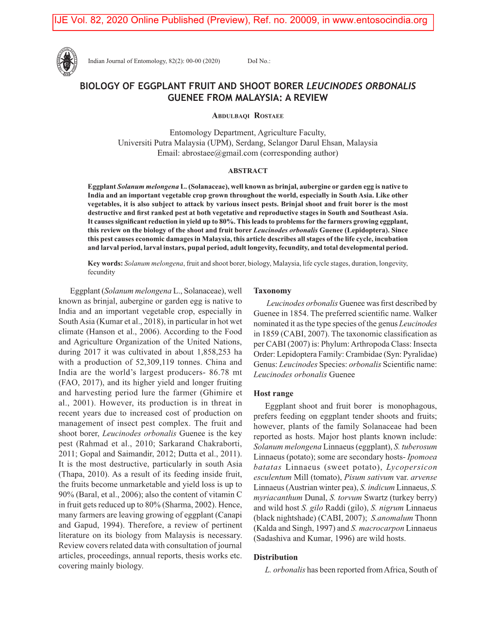 Biology of Eggplant Fruit and Shoot Borer Leucinodes Orbonalis Guenee from Malaysia: a Review