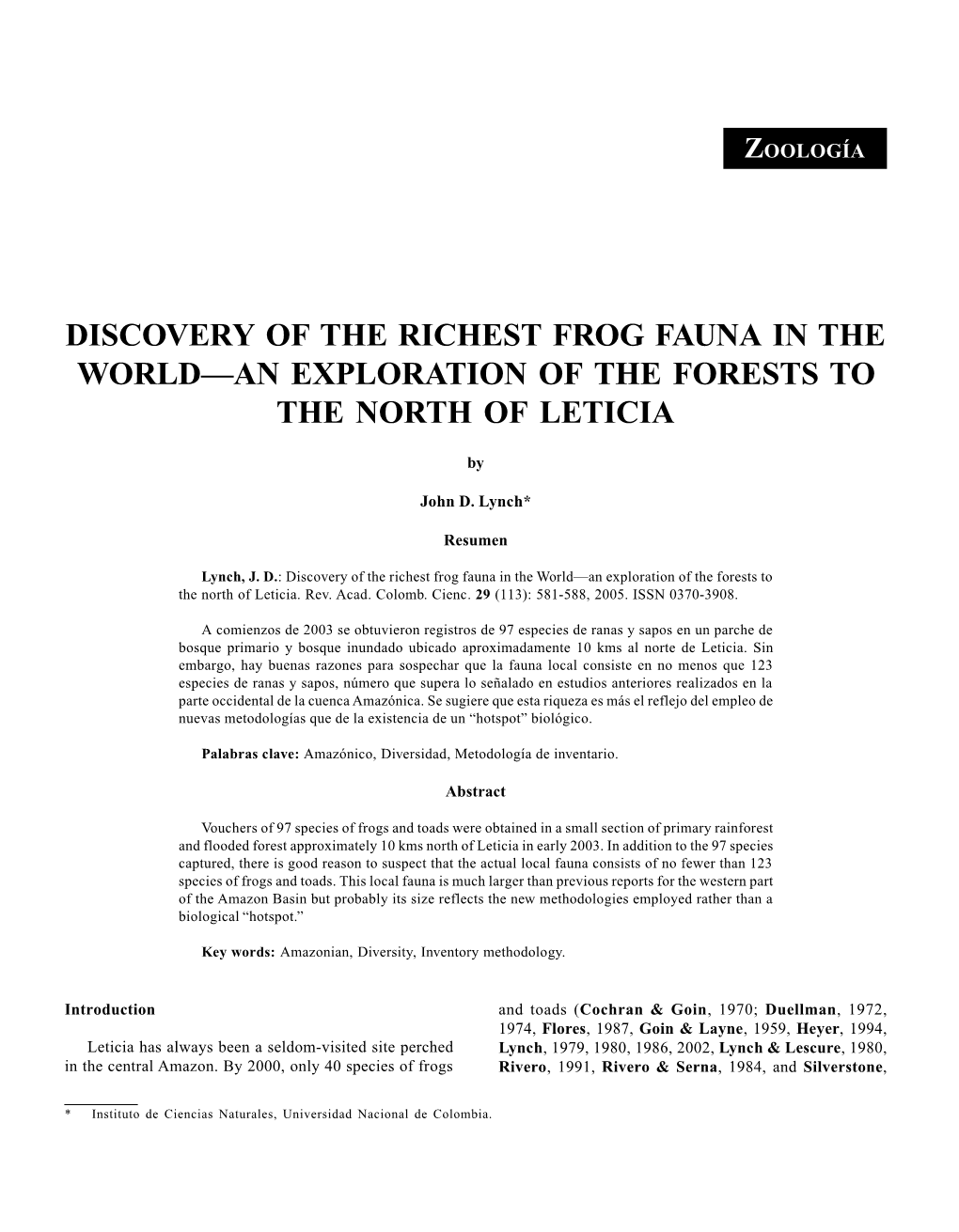 Discovery of the Richest Frog Fauna in the World—An Exploration of the Forests to the North of Leticia