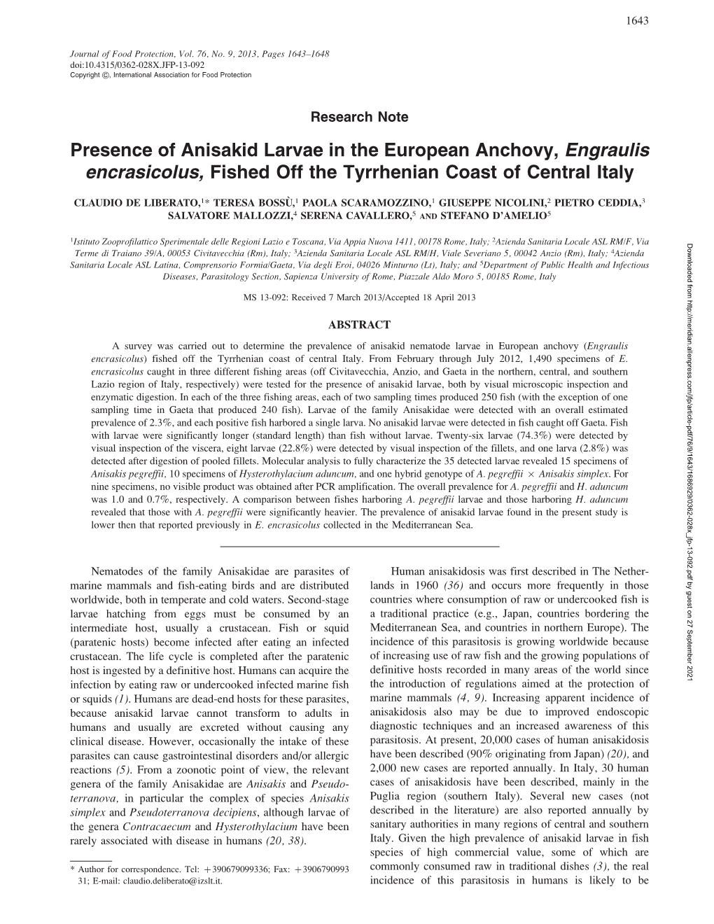 Presence of Anisakid Larvae in the European Anchovy, &lt;I
