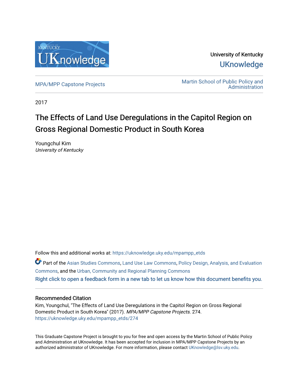 The Effects of Land Use Deregulations in the Capitol Region on Gross Regional Domestic Product in South Korea