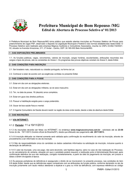 Prefeitura Municipal De Bom Repouso /MG Edital De Abertura De Processo Seletivo Nº 01/2013