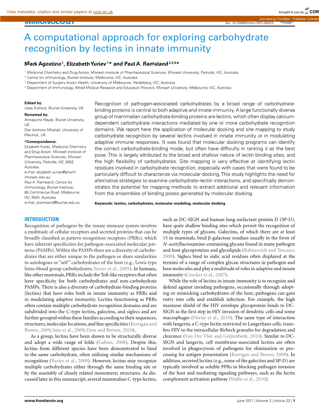 A Computational Approach for Exploring Carbohydrate Recognition by Lectins in Innate Immunity